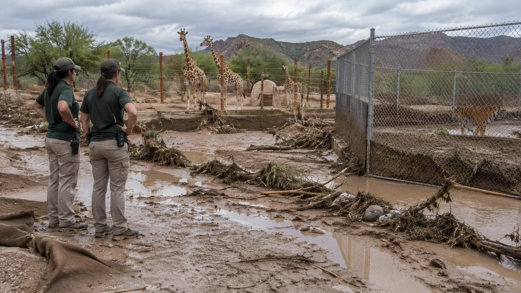 Inundaciones obligan a cerrar refugio de jirafas, tigres y otros animales en Arizona